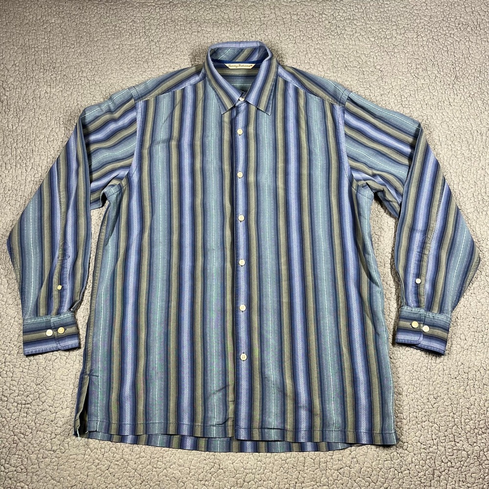 Vintage Tommy Bahama Shirt Mens M Silk Vertical Stripe Blue Casual Coastal